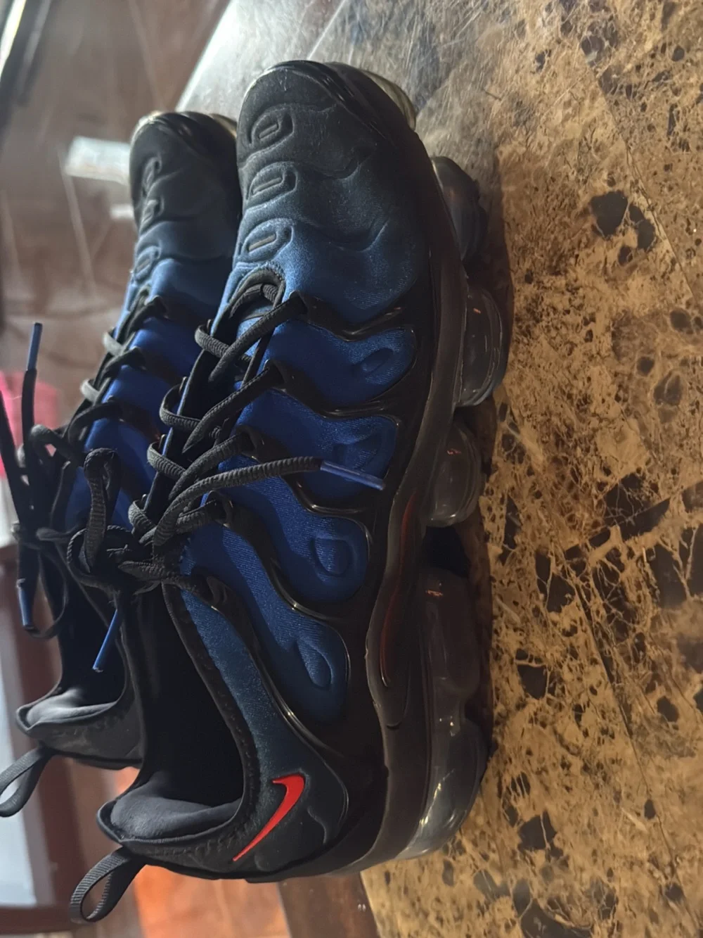 Men's Running Sneakers - Black and Blue with Red Accent Nike vapormax